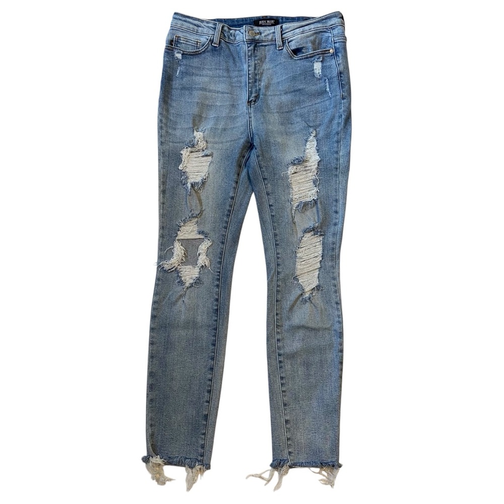 JUDY BLUE Skinny Fit Jeans Distressed Stretch Denim Raw Hems Womens 13/31